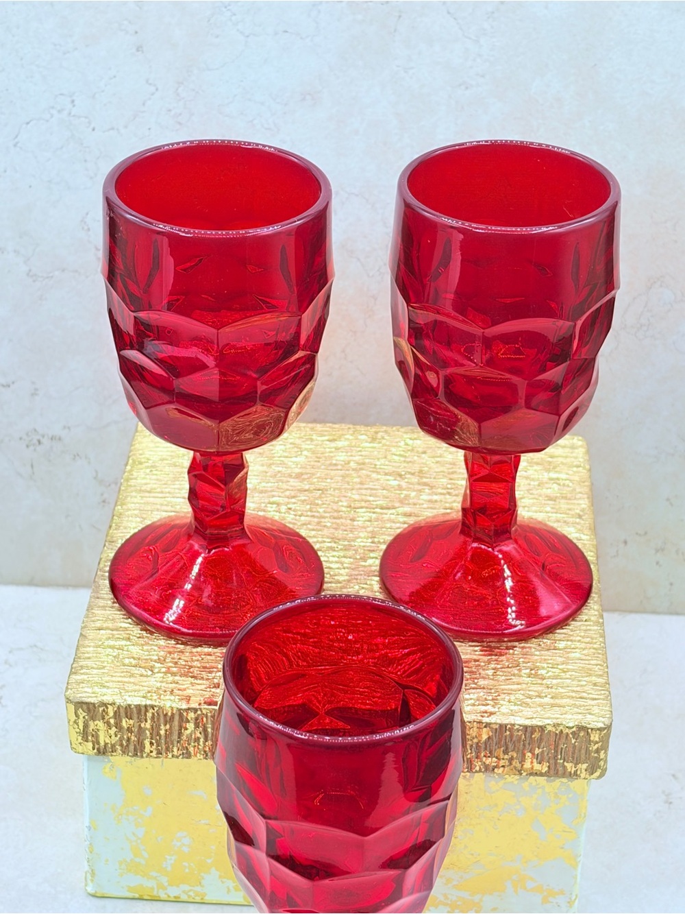 Viking Ruby Red Honeycomb Glass Georgian Wine Water Goblets Set of 3 Cadmium Rim